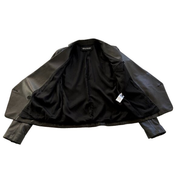 BALMAIN BLACK LEATHER DOUBLE BREASTED BLAZER JACKET 42 FR 10 US - Picture 4 of 6